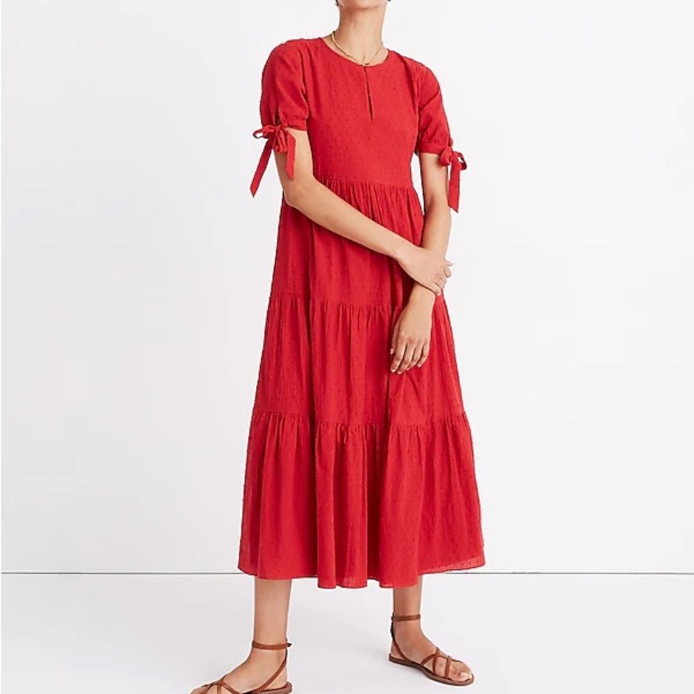 Madewell Red Tie-Sleeve Tiered Midi Dress in Swiss Dot Small